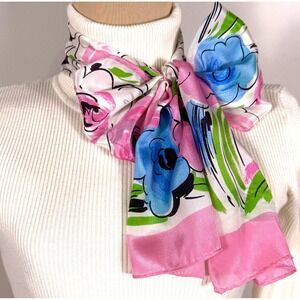 Vtg 100% Silk Floral Scarf Long Skinny Pink Blue Green Made in Japan Hand Rolled